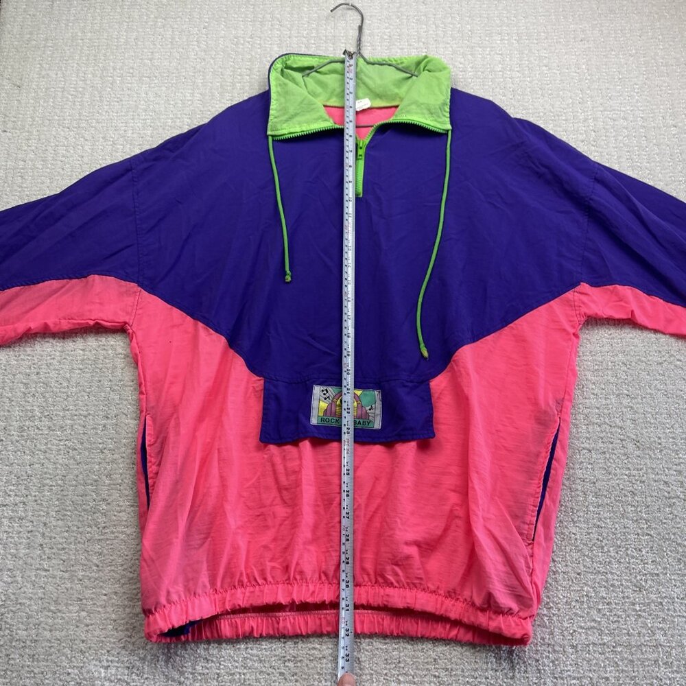 VTG "Rock me Baby" Patch Windbreaker Jacket Sz L Colorblock 90 Neon Bright Retro - Picture 10 of 16